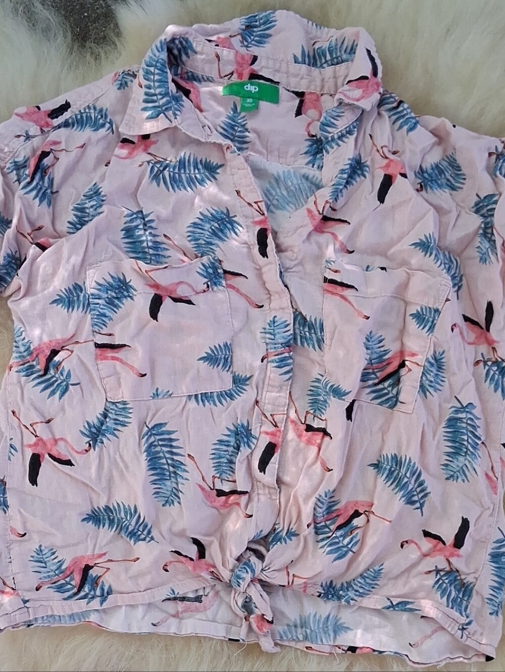 dip Pink Flamingo & Blue Palm Short-Sleeve Button-Up Linen Crop Top